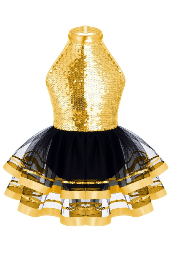 vastwit Girls Jazz Latin Ballet Dance Costume Leotard Jumpsuit Kid Sleeveless Sequins Mesh Tutu Dance Dress Gold 8