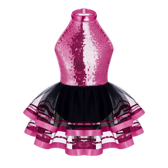 vastwit Girls Jazz Latin Ballet Dance Costume Leotard Jumpsuit Kid Sleeveless Sequins Mesh Tutu Dance Dress Rose 12