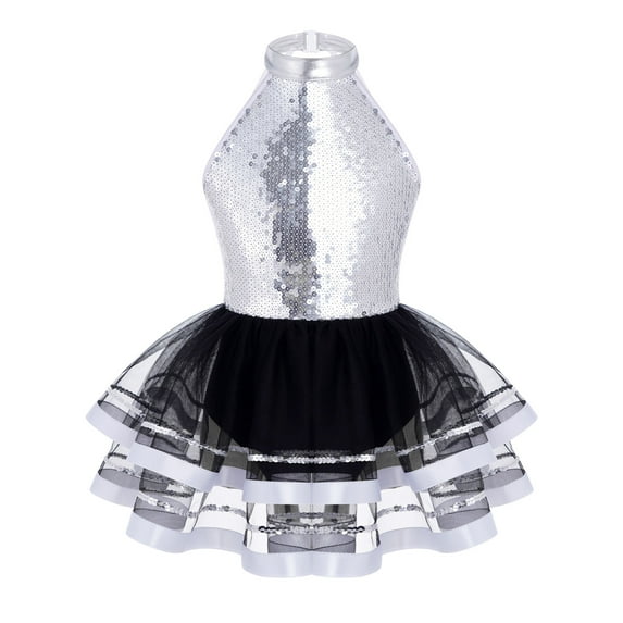 vastwit Girls Jazz Latin Ballet Dance Costume Leotard Jumpsuit Kid Sleeveless Sequins Mesh Tutu Dance Dress Silver 4