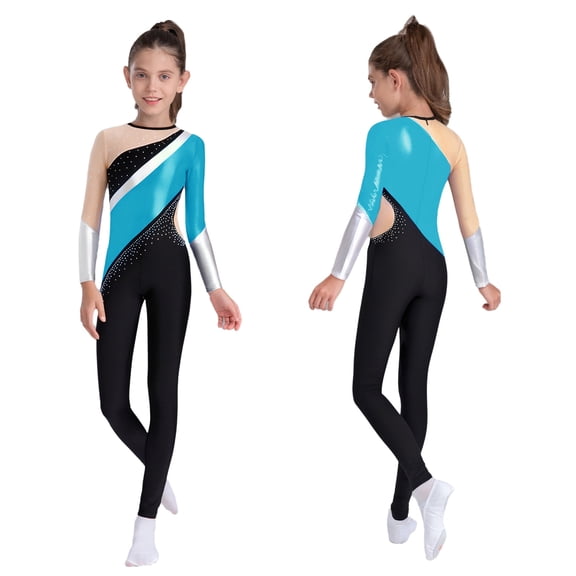 vastwit Girls Kids Metallic Bodysuit Color Block Gymnastics Leotard Figure Skating Jumpsuit Full Body Dance Unitard Light Blue 6