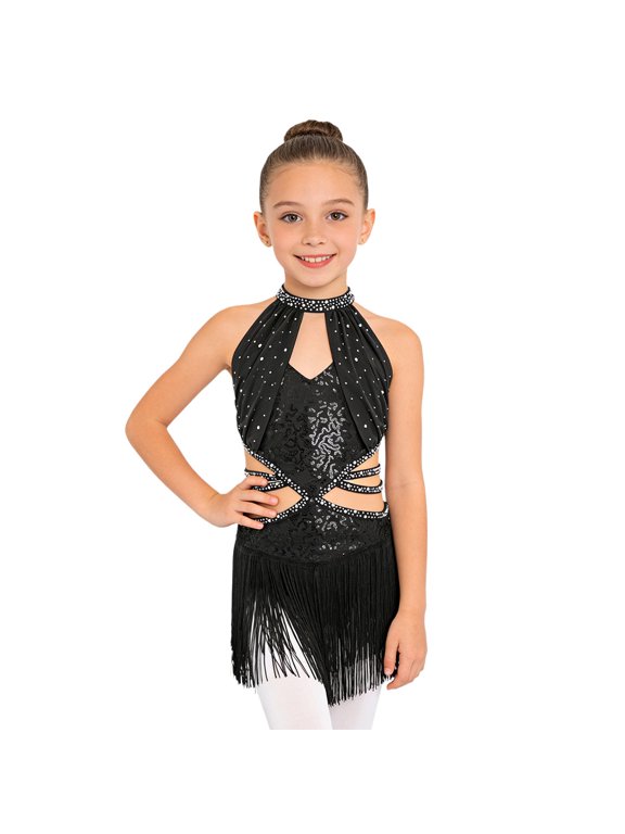Girls Latin Dance Dress Cutout Tassel Skirt Leotard Fringe Modern Jazz Ballroom Tango Salsa Cha-cha Dancewear Black 6