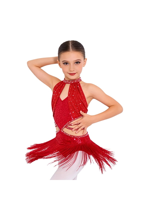 Girls Latin Dance Dress Cutout Tassel Skirt Leotard Fringe Modern Jazz Ballroom Tango Salsa Cha-cha Dancewear Red 6