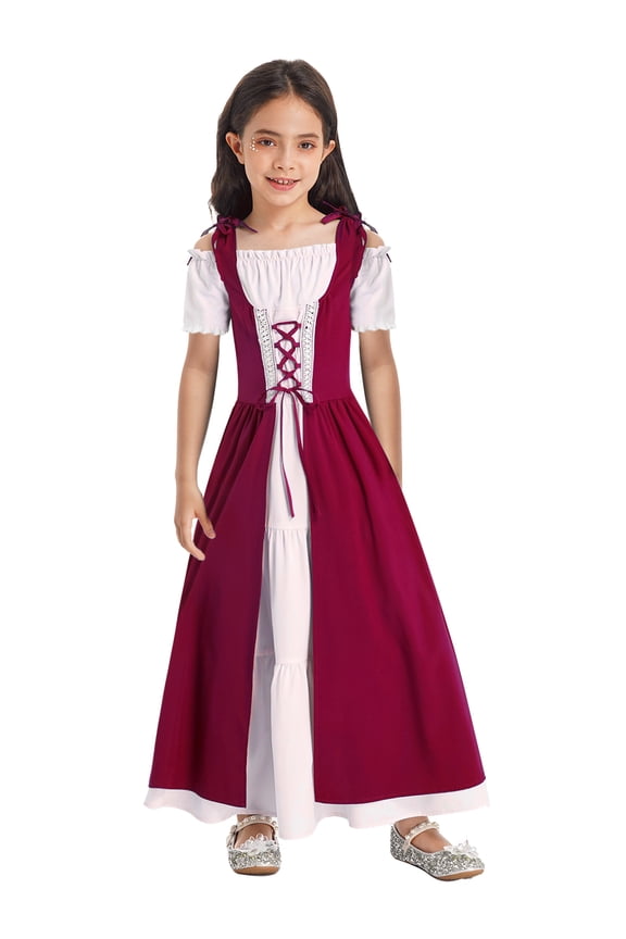 Girls Medieval Renaissance Vintage Dress Gothic Ball Gown Lace-ups Maxi Dress Halloween Party Fancy Dress Burgundy 16