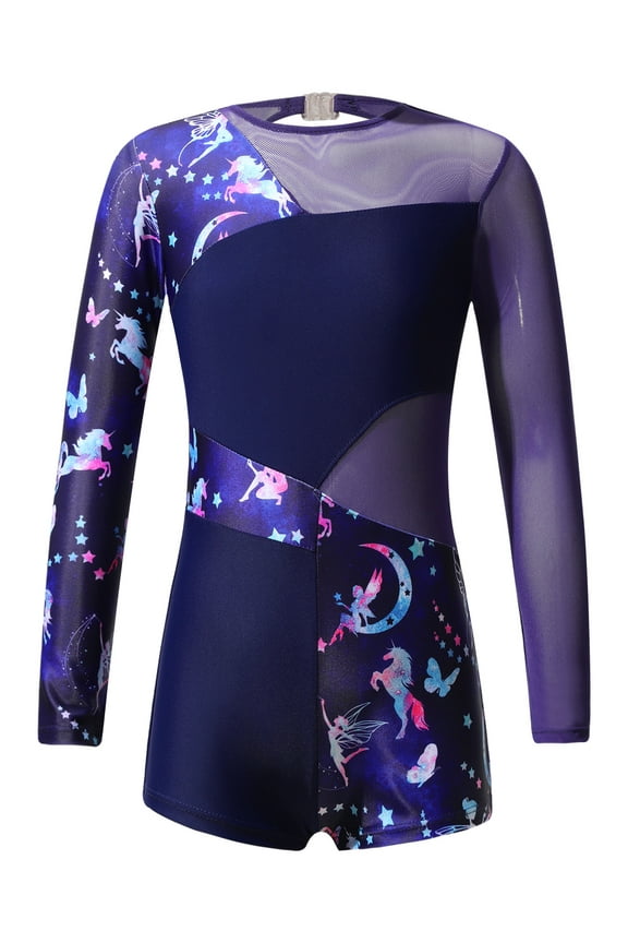 Girls Metallic Gymnastics Leotard Long Sleeve Shorty Unitard Ballet Dance Athletic Biketard Navy Blue 14
