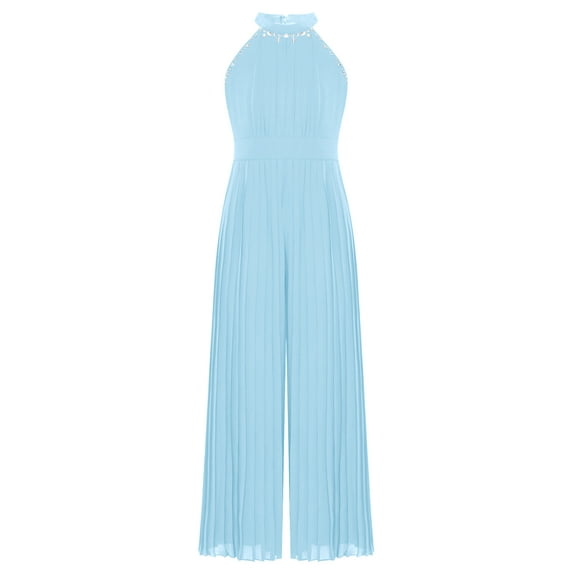vastwit Girls One Piece Jumpsuit Solid Color High Waist Wide Leg Pants Wedding Party Prom Romper Sky Blue 12
