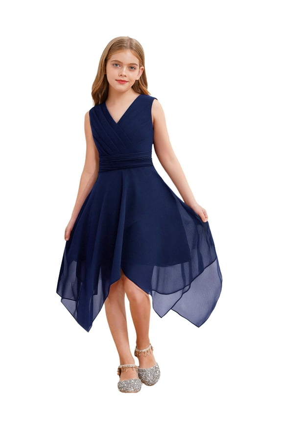 Girls Pleated Sleeveless High Low Wedding Party Formal Dress Junior Bridesmaid Chiffon Dress Navy Blue 8