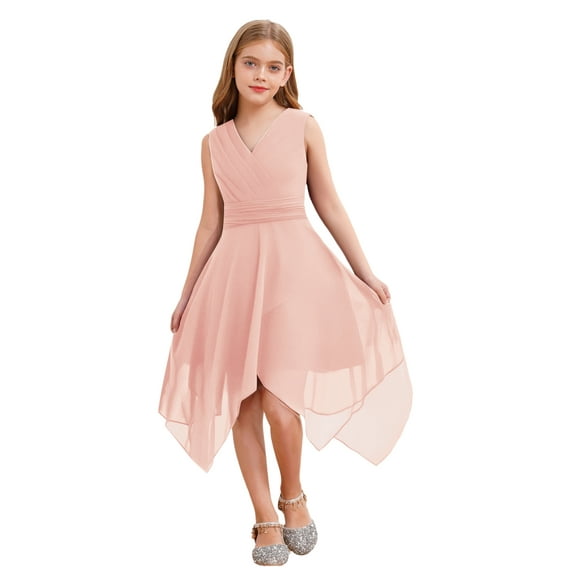 vastwit Girls Pleated Sleeveless High Low Wedding Party Formal Dress Junior Bridesmaid Chiffon Dress Pink 10