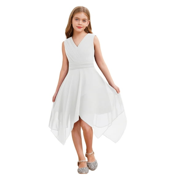 vastwit Girls Pleated Sleeveless High Low Wedding Party Formal Dress Junior Bridesmaid Chiffon Dress White 14