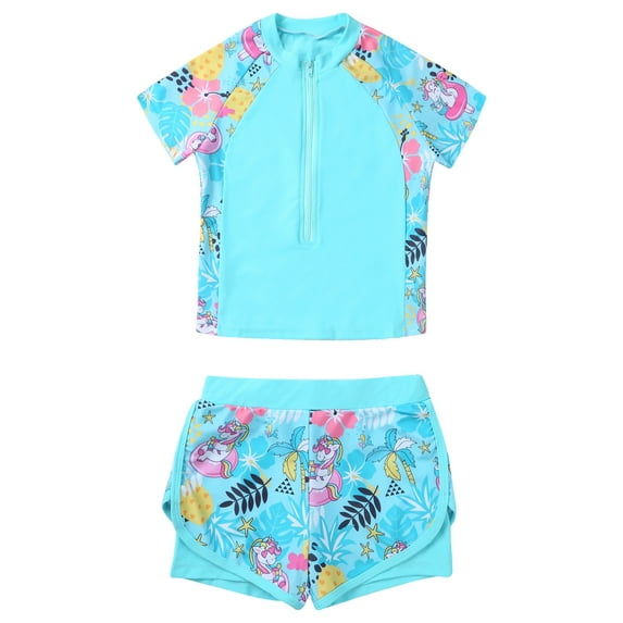 vastwit Girls Rash Guard Swimsuit Floral Printed Tankini Set Summer Beach Sports Bathing Suit Blue Cartoon Horse 6