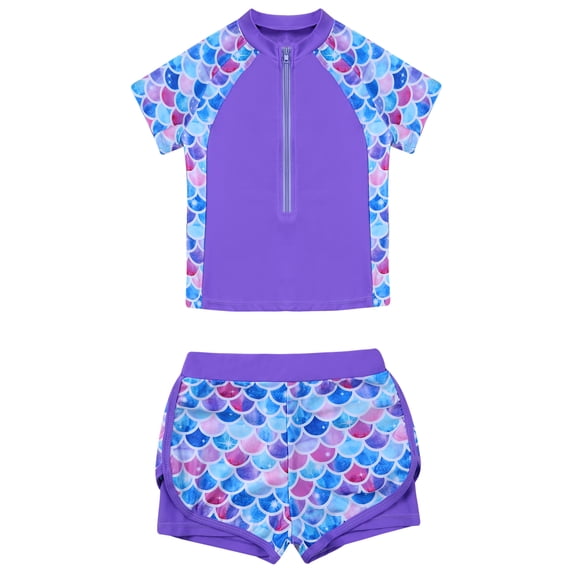 vastwit Girls Rash Guard Swimsuit Floral Printed Tankini Set Summer Beach Sports Bathing Suit Purple Fish Scales 12