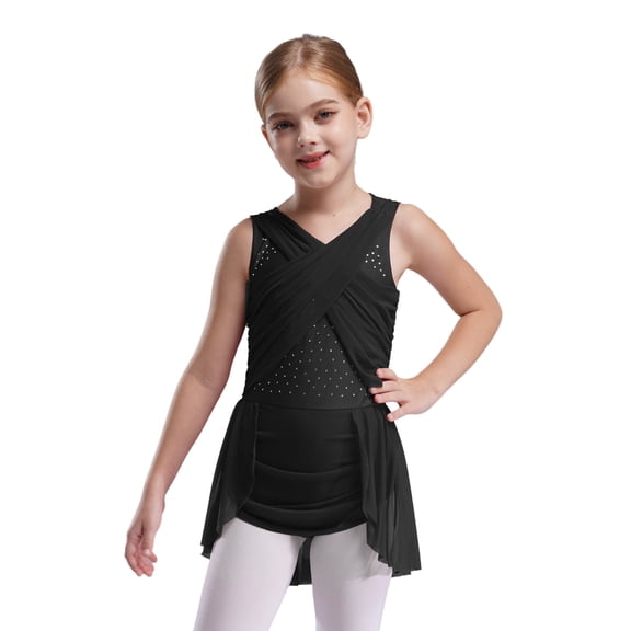 vastwit Girls Rhinestones Cutout Sleeveless Lyrical Dance Dress Figure Skating Performance Ballet Latin Jazz Dancewear Black 8