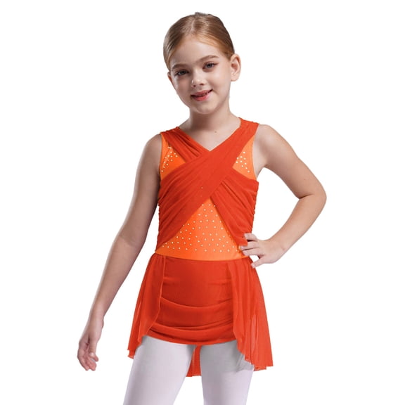 vastwit Girls Rhinestones Cutout Sleeveless Lyrical Dance Dress Figure Skating Performance Ballet Latin Jazz Dancewear Orange 6