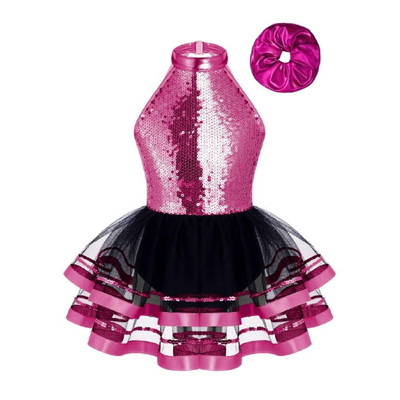 vastwit Girls Sequin Ballet Tutu Dress Sparkly Sleeveless Jazz Dance Leotards Costume+Headwear Set Rose 16