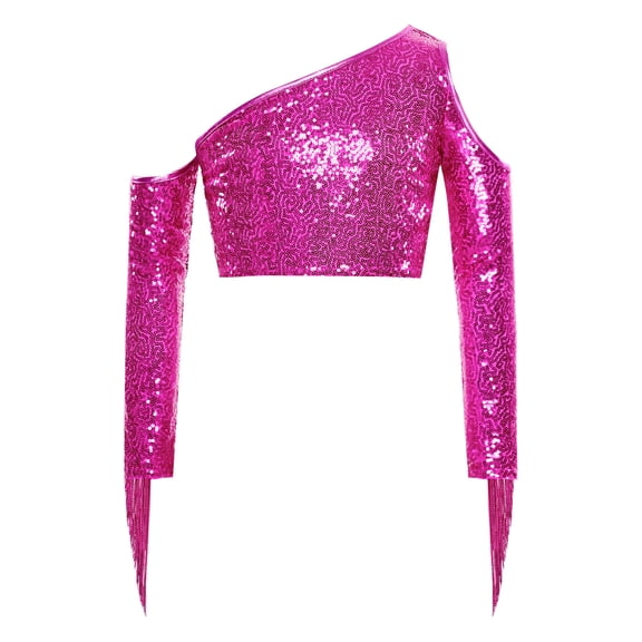 vastwit Girls Sequin Irregular Crop Top Tassels Off Shoulder Long Sleeve Dance Shirts for Performance Hot Pink 6
