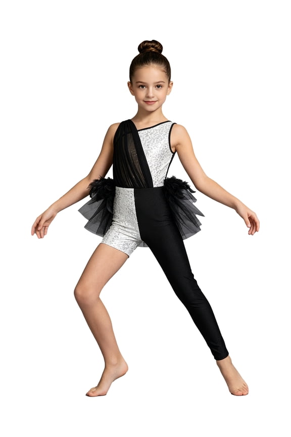 Girls Sequins Jazz Dance Unitard One Leg Bodysuit Sleeveless Mesh Skirt Leotard Gymnastics Dancewear White 16