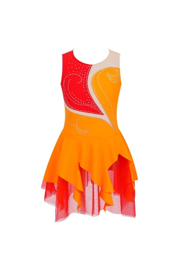 Girls Sequins Mesh Splice Roller Ice Figure Skating Dress Ballerina Leotard Ballet Dance Wear Orange 10