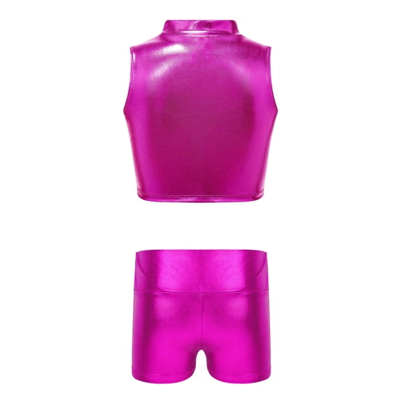 vastwit Girls Shiny Metallic Dance Gym Workout Outfits Mock Neck Tank Top and High Waist Shorts Bottoms Set Rose Red 10