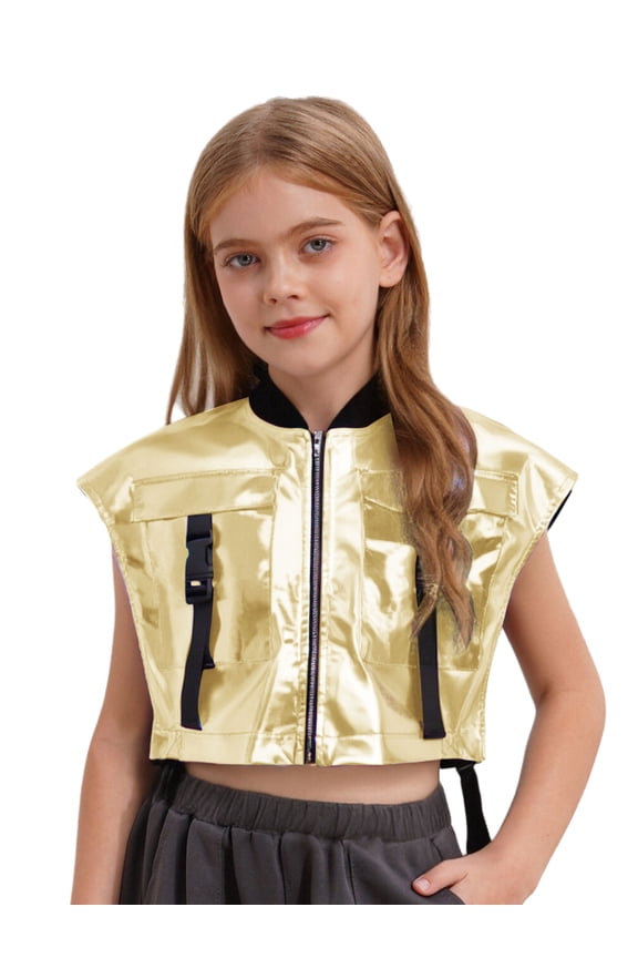 Girls Shiny Metallic Dance Top with Buckle Pockets Open Sides Crop Tank Top for Party Streetwear Gold 16