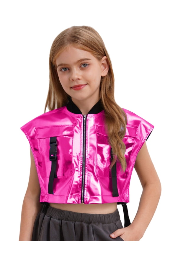 Girls Shiny Metallic Dance Top with Buckle Pockets Open Sides Crop Tank Top for Party Streetwear Hot Pink 8