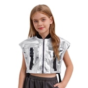 vastwit Girls Shiny Metallic Dance Top with Buckle Pockets Open Sides Crop Tank Top for Party Streetwear Silver 12