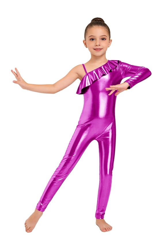 Girls Shiny Metallic Gymnastics Unitard One Shoulder Ruffle Long Sleeve Dance Bodysuit Acrobatic Jumpsuit Hot Pink 6