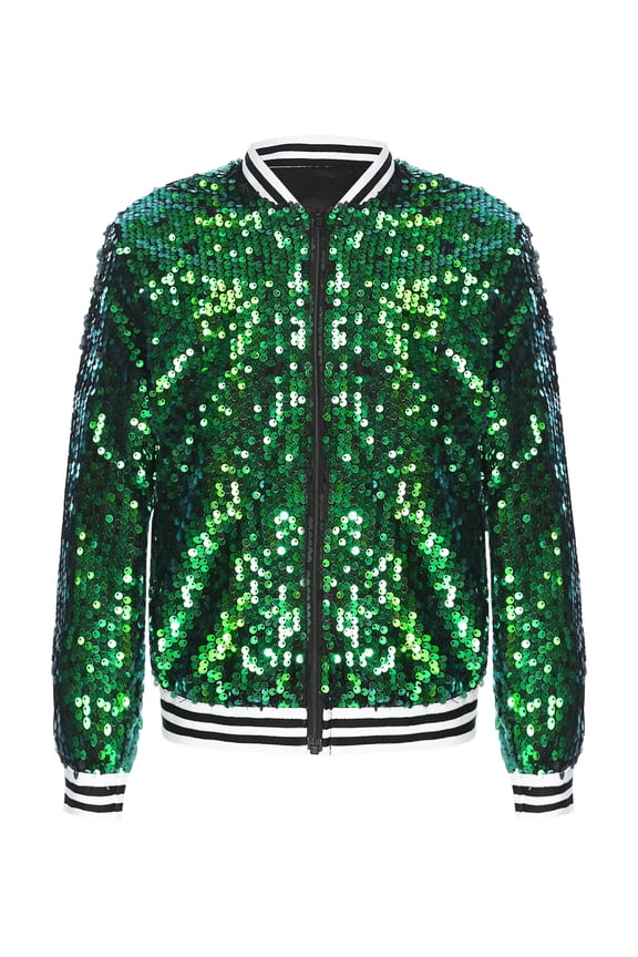 Girls Shiny Sequin Varsity Jacket Kids Long Sleeve Front Zipper Baseball Bomber Jacket Coat Green 8