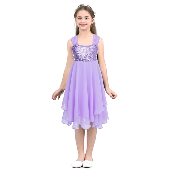 vastwit Girls Sleeveless High Low Dancing Costume Shiny Sequins Lyrical Ballet Dance Leotard Dress Lavender 3XL