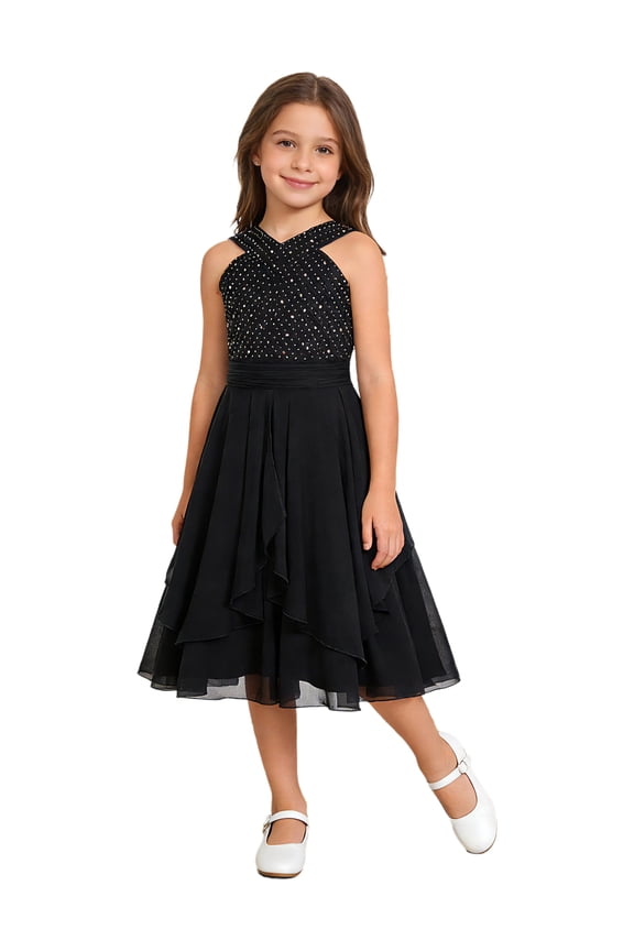 Girls Sparkly Rhinestone V-Neck Sleeveless Chiffon Pleated Dress for Wedding Banquet Prom Party Black 16