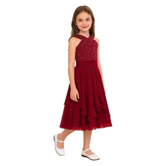 vastwit Girls Sparkly Rhinestone V-Neck Sleeveless Chiffon Pleated Dress for Wedding Banquet Prom Party Burgundy 8