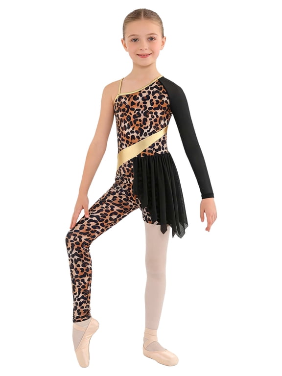 Gymnastics Leotard for Girls Caveman Leopard Print Jumpsuit Dress Dance Unitards for Stage Performance Black 6