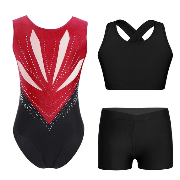 vastwit Gymnastics Leotards for Girls 3-Piece Dance Outfit Athletic Crop Top with Shorts Set Activewear Burgundy Black 6