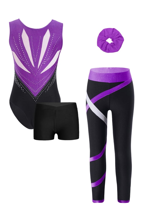 Gymnastics Outfit for Girls 4pcs Figure Ice Skating Training Suit Dance Leotard with Shorts Leggings Hairband Blue&Black 6