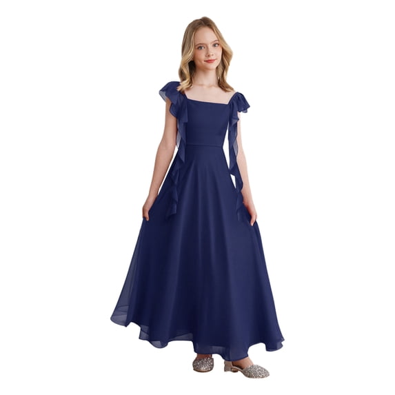 vastwit Junior Bridesmaid Chiffon Flower Girl Dress Sleeveless Square Neck Vintage Pageant Evening Party Gowns Dark Blue 12