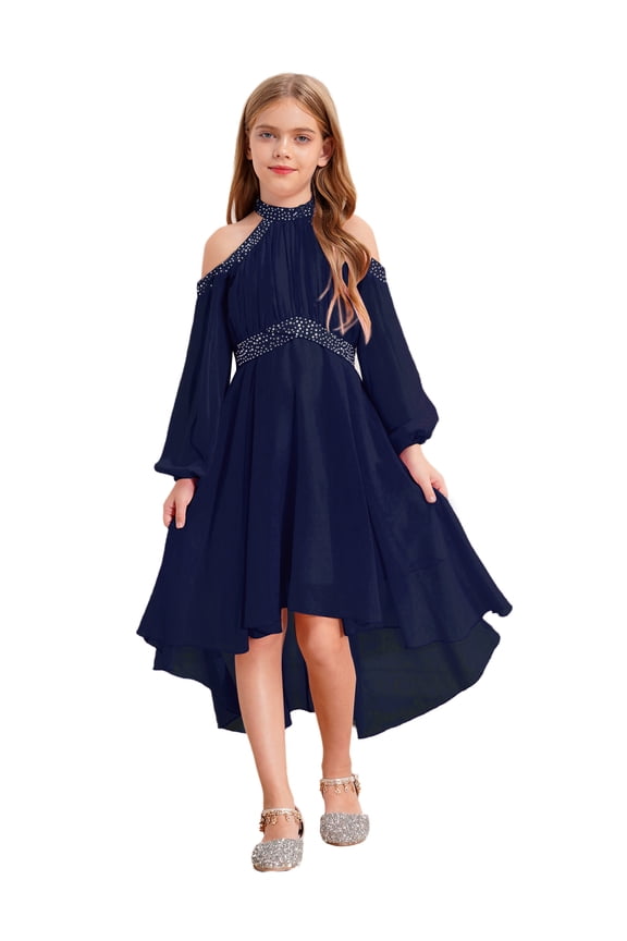 Junior Bridesmaid Dress Kids Flower Girl Dresses Elegant Cold Shoulder Chiffon Formal Gown Navy Blue 8