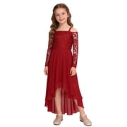 vastwit Juniors Bridesmaid Dress Lace Long Sleeve Cold Shoulder High Low Tulle Gowns for Wedding Pageant Party Burgundy 14