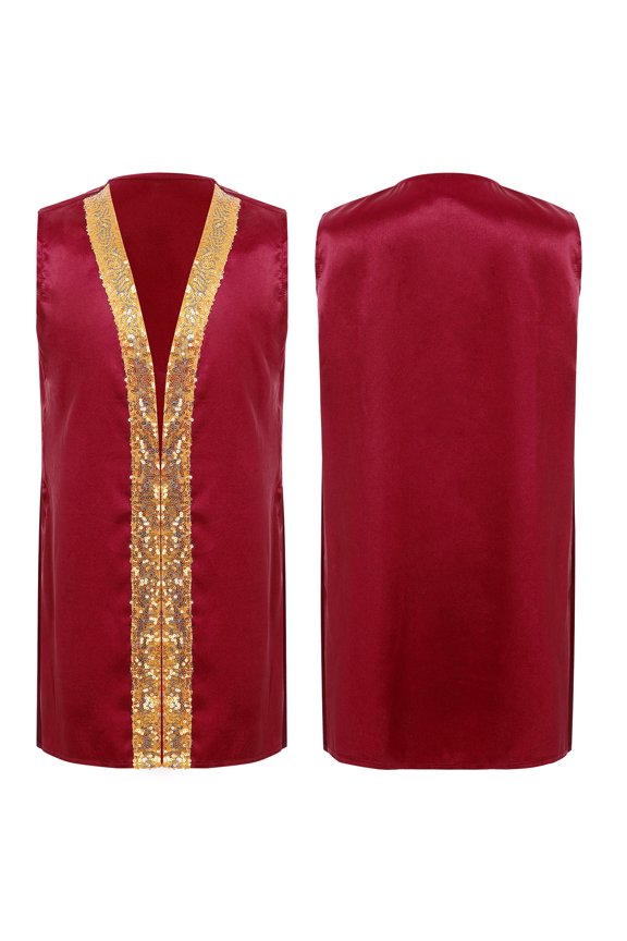 Kids Boys Arab Muslim Thobe Sleeveless Sequin Trim Kaftan Open Front Sequin Trim Tank Top Burgundy 16