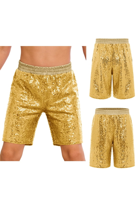 Kids Boys Girls Elastic Waistband Sequins Shorts for Dance Performance Festivals Rave 70s Disco Party Gold 16