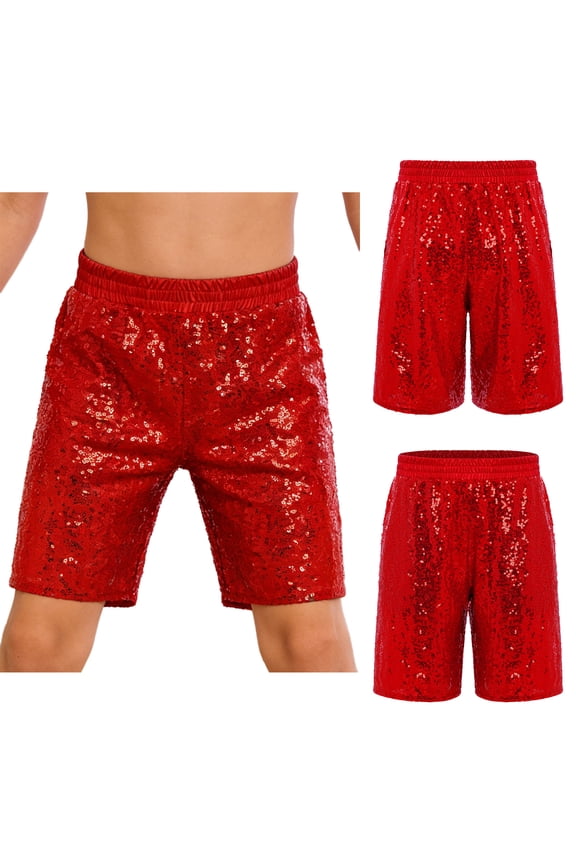 Kids Boys Girls Elastic Waistband Sequins Shorts for Dance Performance Festivals Rave 70s Disco Party Red 6