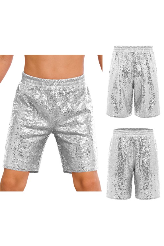 Kids Boys Girls Elastic Waistband Sequins Shorts for Dance Performance Festivals Rave 70s Disco Party Silver 6