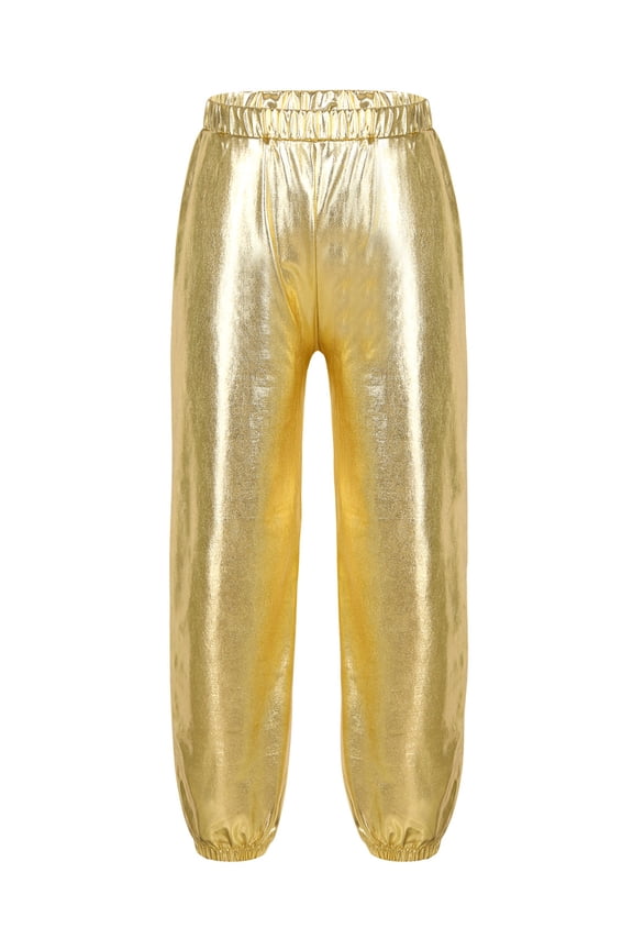 Kids Boys Girls Glossy Metallic Jazz Hip-hop Street Dance Pants Shiny Jogger Trousers Dancewear Gold 8