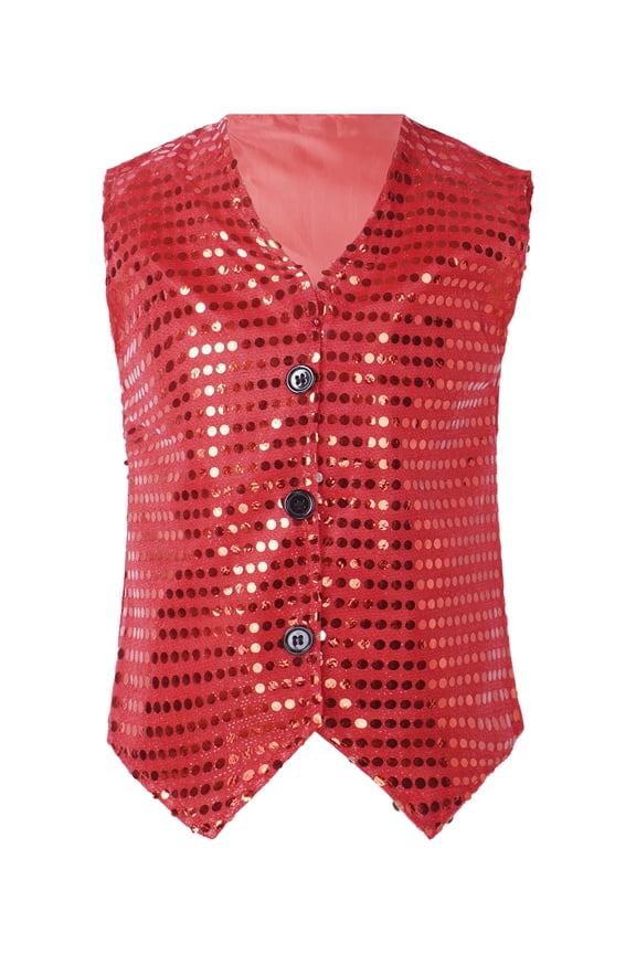 Kids Boys Girls Sequins Waistcoat Jackets Hiphop Jazz Street Dance Vest Top for Performance Red 100