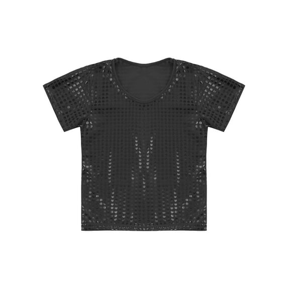 vastwit Kids Boys Girls T-Shirt Hip-hop Jazz Dance Tops Short Sleeve Sequins Solid Color Tee Tops Black 120