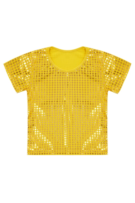 Kids Boys Girls T-Shirt Hip-hop Jazz Dance Tops Short Sleeve Sequins Solid Color Tee Tops Gold 140
