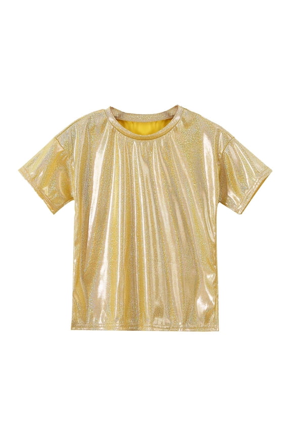 Kids Boys Girls T-shirts Short Sleeves Loose Metallic Tee Tops Jazz Hip Hop Modern Dance Costume Gold 120
