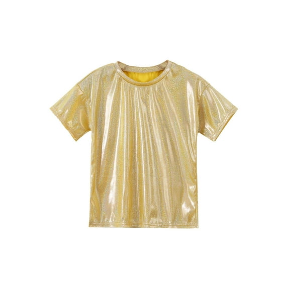 vastwit Kids Boys Girls T-shirts Short Sleeves Loose Metallic Tee Tops Jazz Hip Hop Modern Dance Costume Gold 180