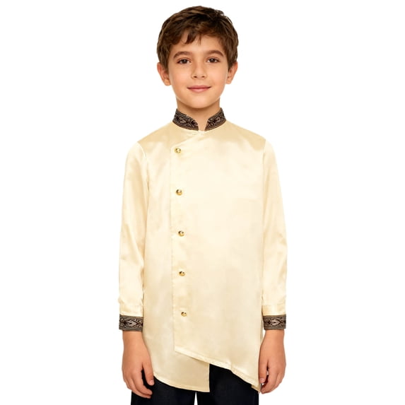 vastwit Kids Boys Indian Traditional Kurtan Top Silky Satin Long Sleeve Button Down Formal Dress Shirts Light Apricot 16