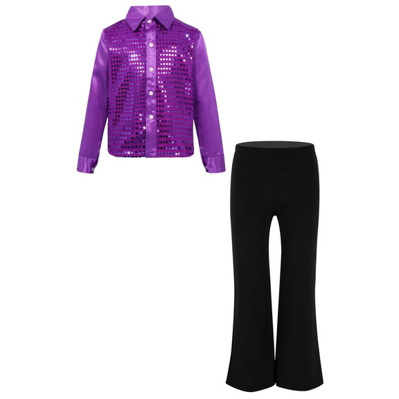 vastwit Kids Boys Jazz Latin Dance Costume Outfit Sequin Tee Shirt+Pants for Dancing Performance Purple 10