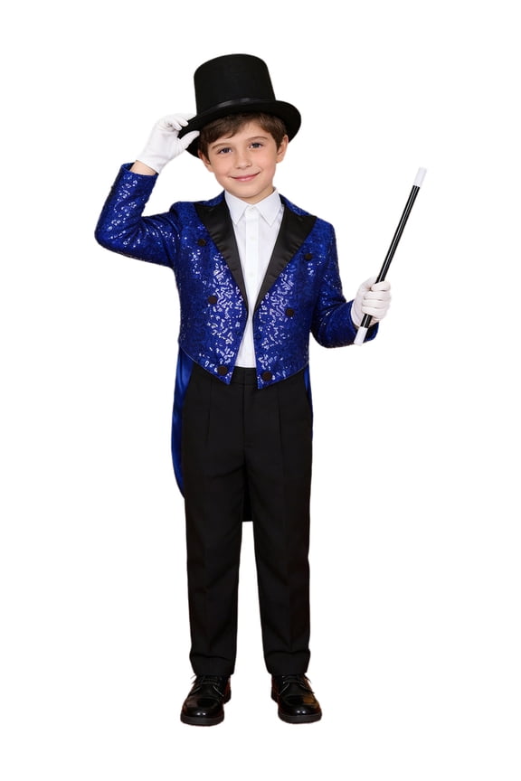 Kids Boys Magician Outfits 4Pcs Long Sleeve Sequin Tailcoat Blazer Jackets with Hat Magic Wand and Gloves Blue 6