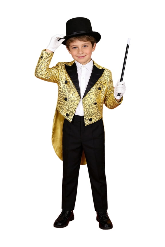 Kids Boys Magician Outfits 4Pcs Long Sleeve Sequin Tailcoat Blazer Jackets with Hat Magic Wand and Gloves Gold 8