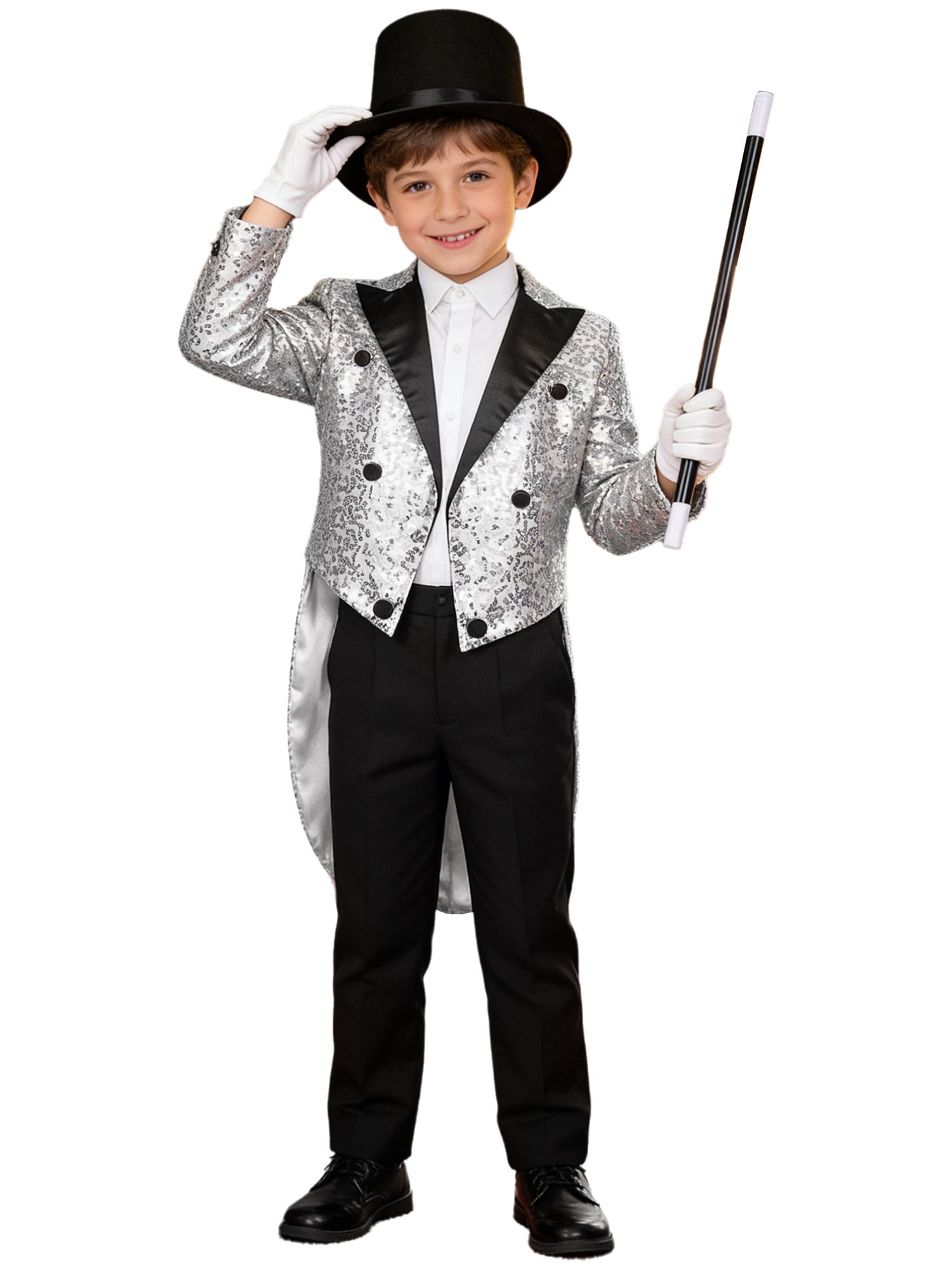 vastwit Kids Boys Magician Outfits 4Pcs Long Sleeve Sequin Tailcoat ...